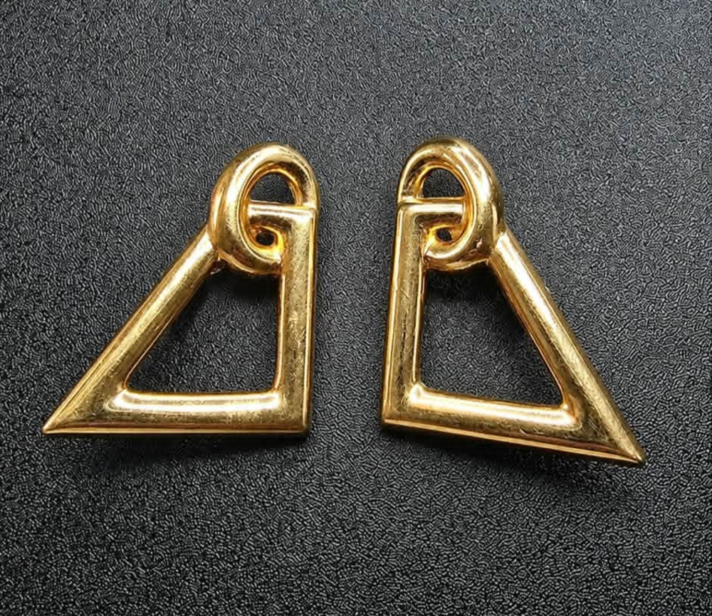 Vintage Monet gold tone geometric triangle clip on earrings double signed